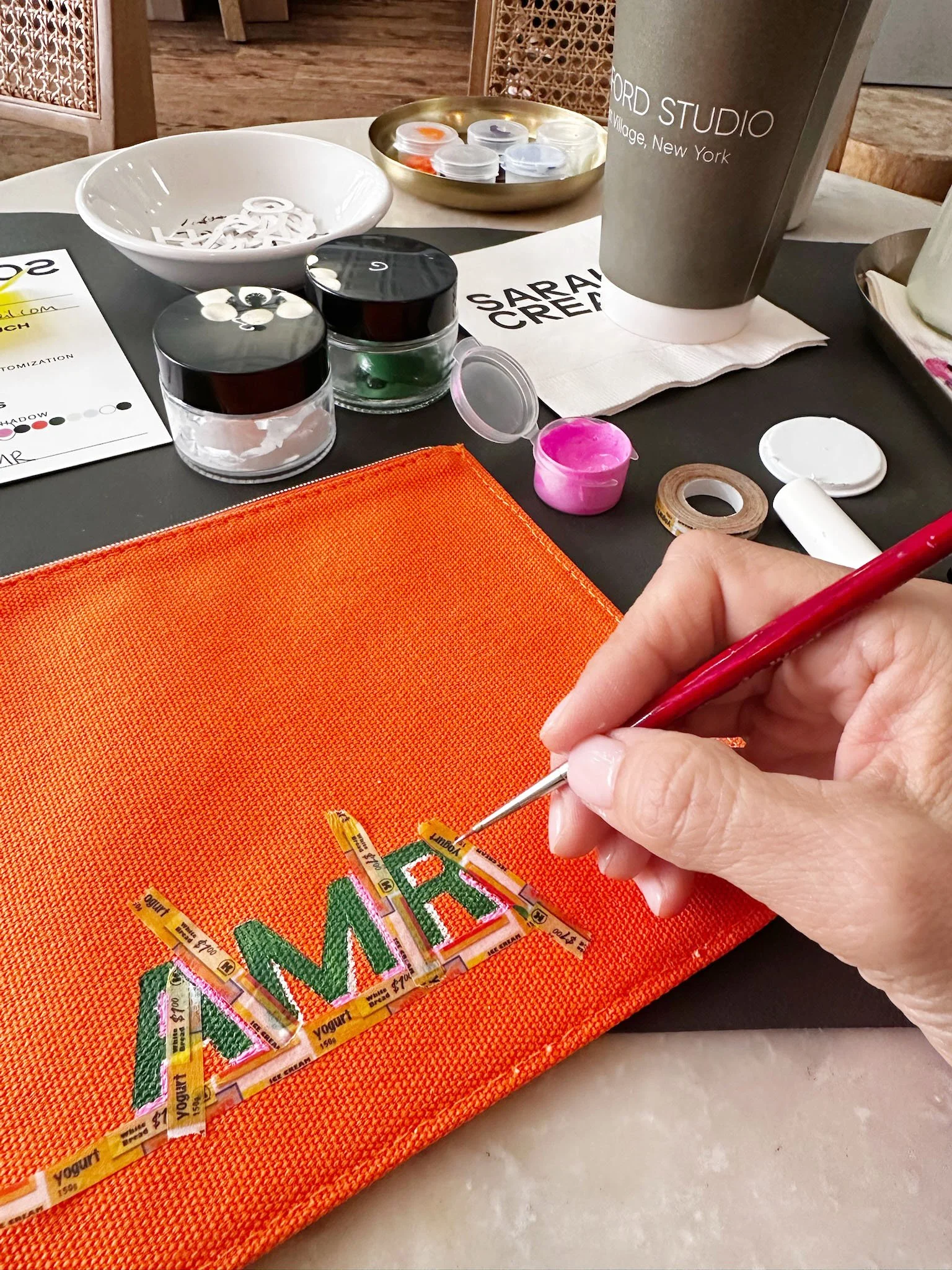 NY+Brooklyn+Live+Painting+Painter+Minhee+Cho+PaperCupDesign+Live+Event+Sarah+Creal+popup+personalization+canvas+pouch+monograms.jpg