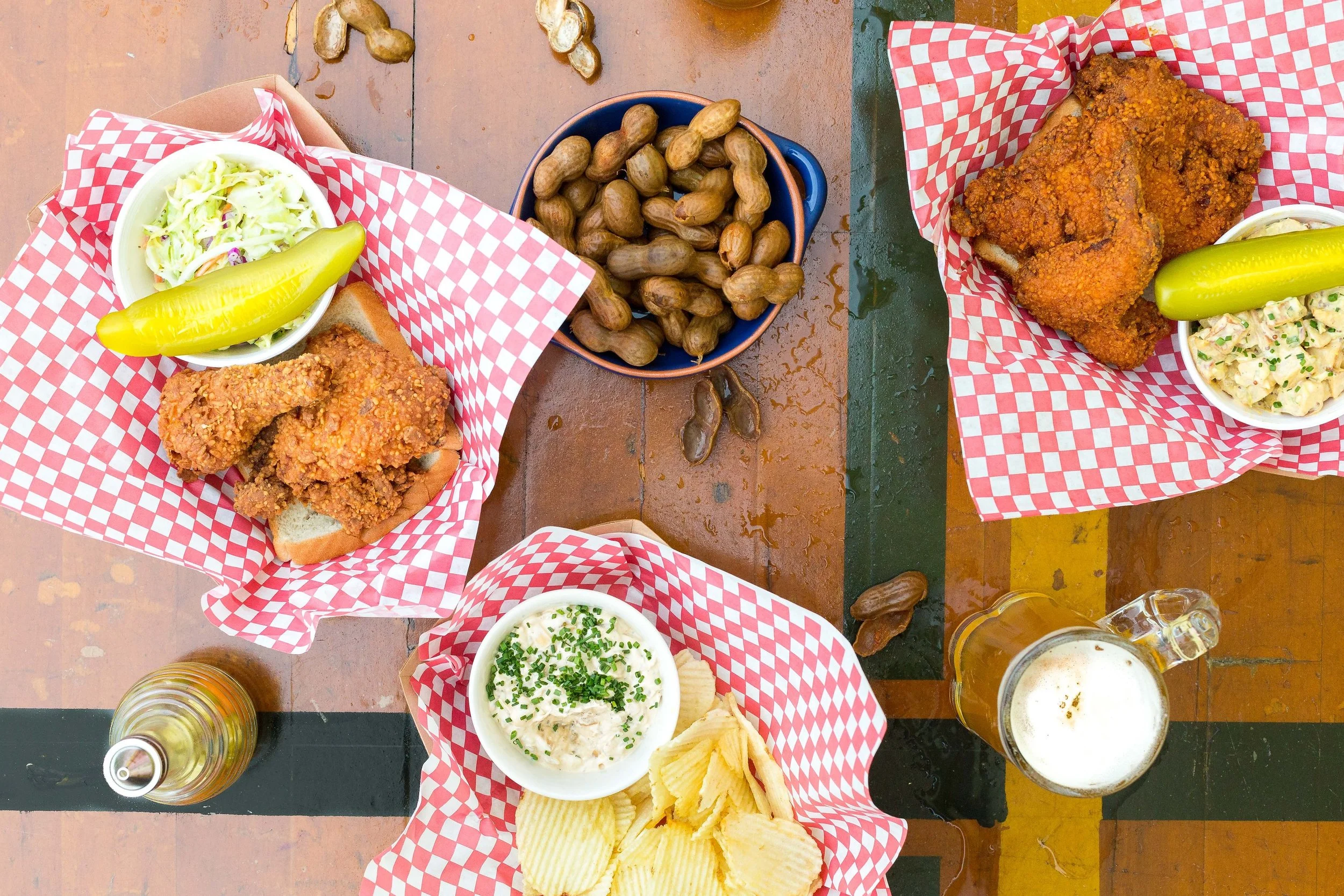 Fried Chickn, Chips & Dip, Boiled Peanuts, and Beer at Crawfords