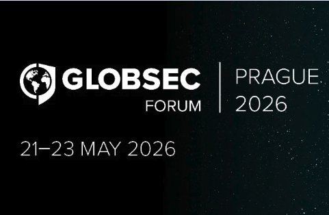 A graphic card with an all black background. In white text is globsec forum with a logo of an earth.  Also in white but less prominent is prague 2026, 21-23may 2026