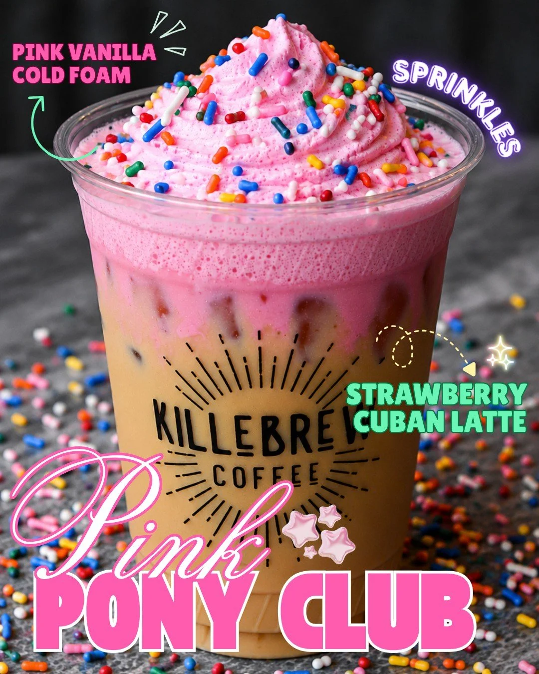 She&rsquo;s pink. She&rsquo;s sparkly. She&rsquo;s a little extra. 💖✨ Meet the Pink Pony Club: our Strawberry Cuban Latte topped with pink vanilla cold foam and sprinkles.