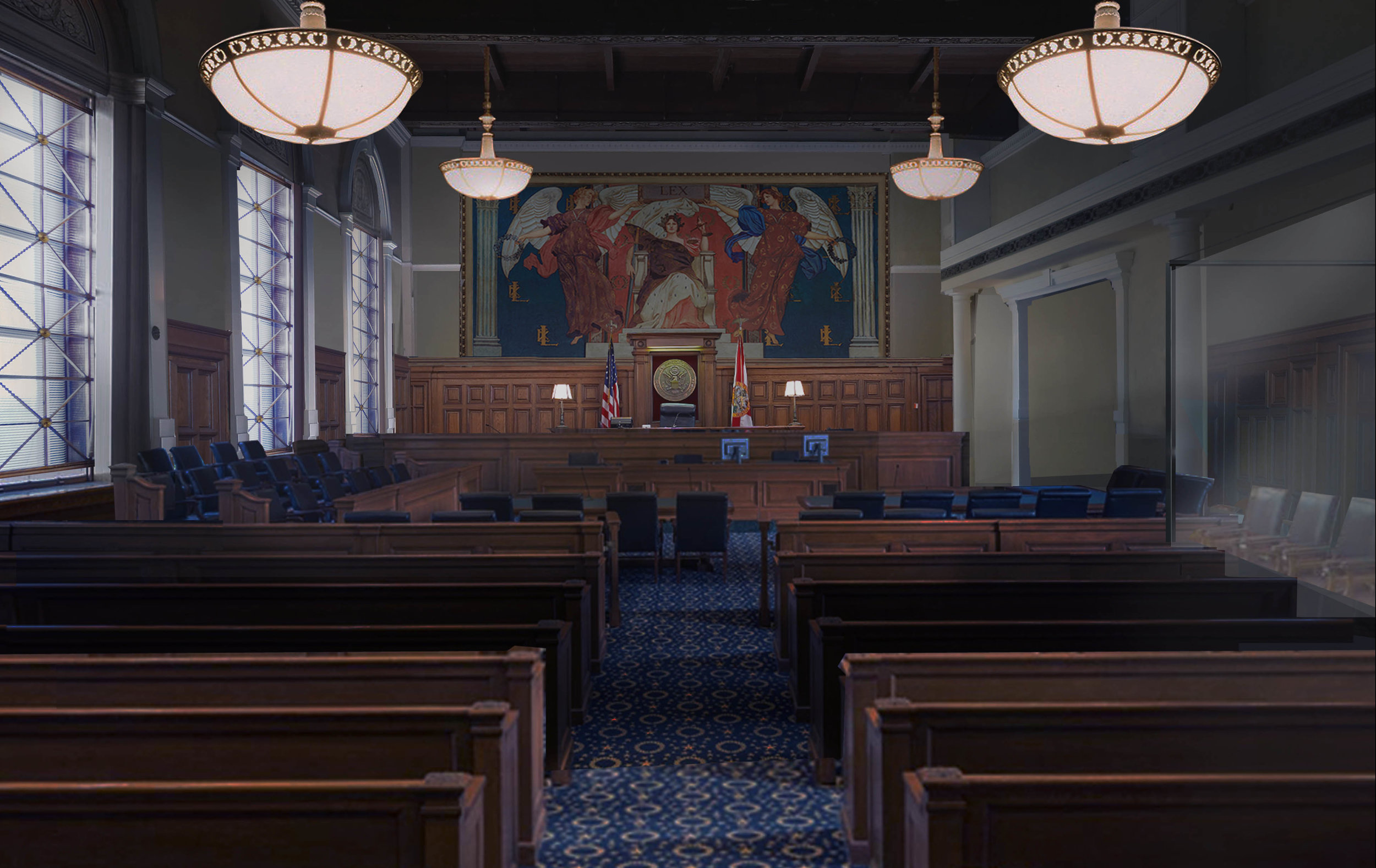 Production Design: David Wasco, Molly's Game Courtroom Illustration