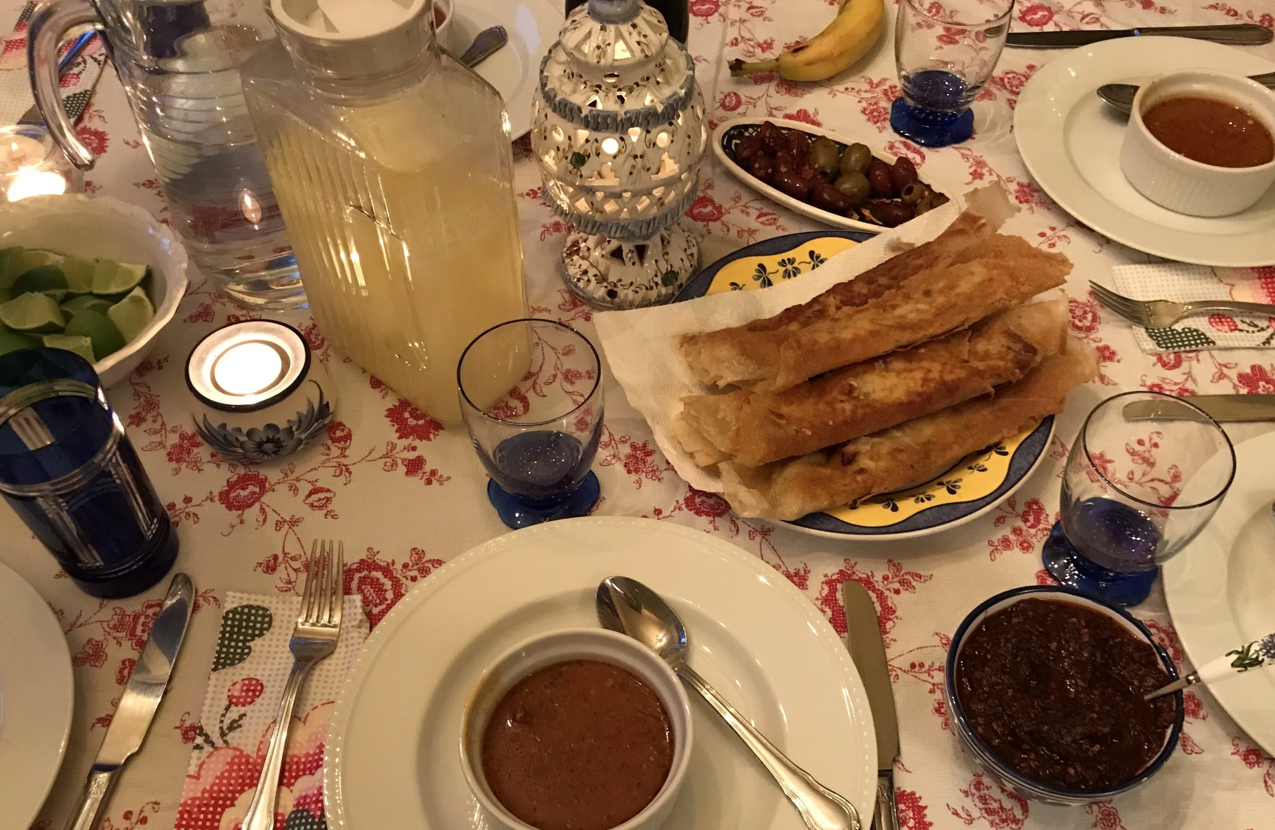 Brik (this time prepared in a long, rectangular shape) makes up part of the meal during Ramadan