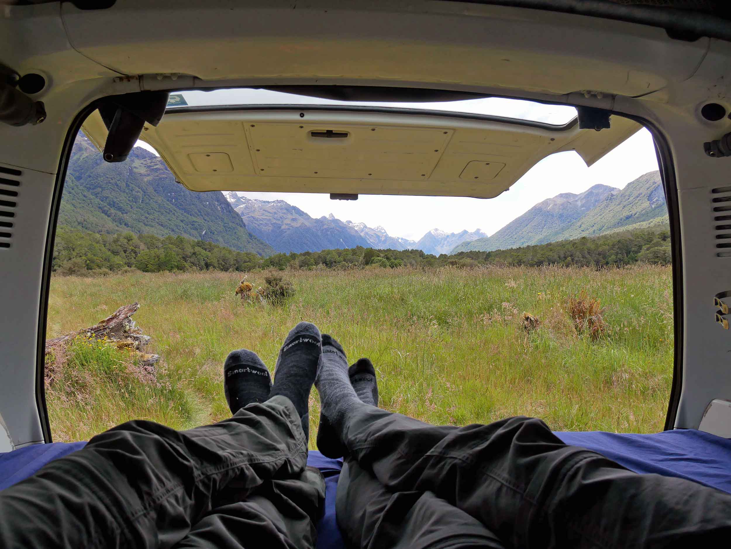  Putting our feet up in Deer Flat en route to NZ's majestic Milford Sound (Jan 8). 