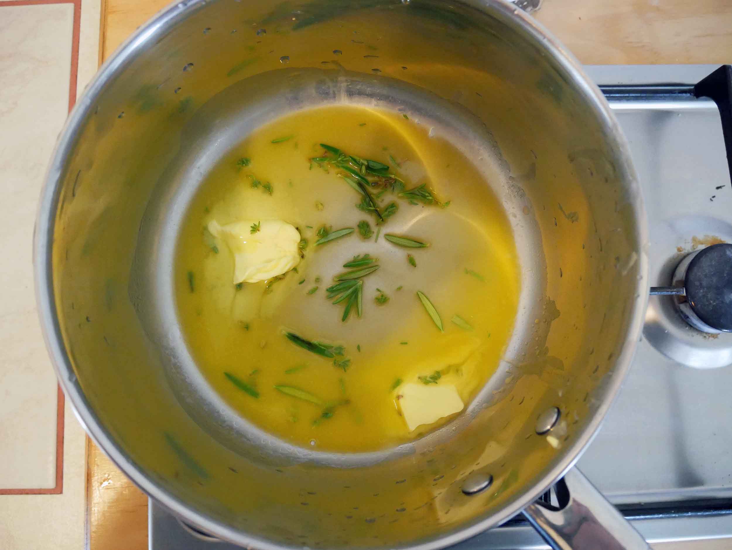  Melt butter then add fresh herbs for flavor (2-3mins).&nbsp; 