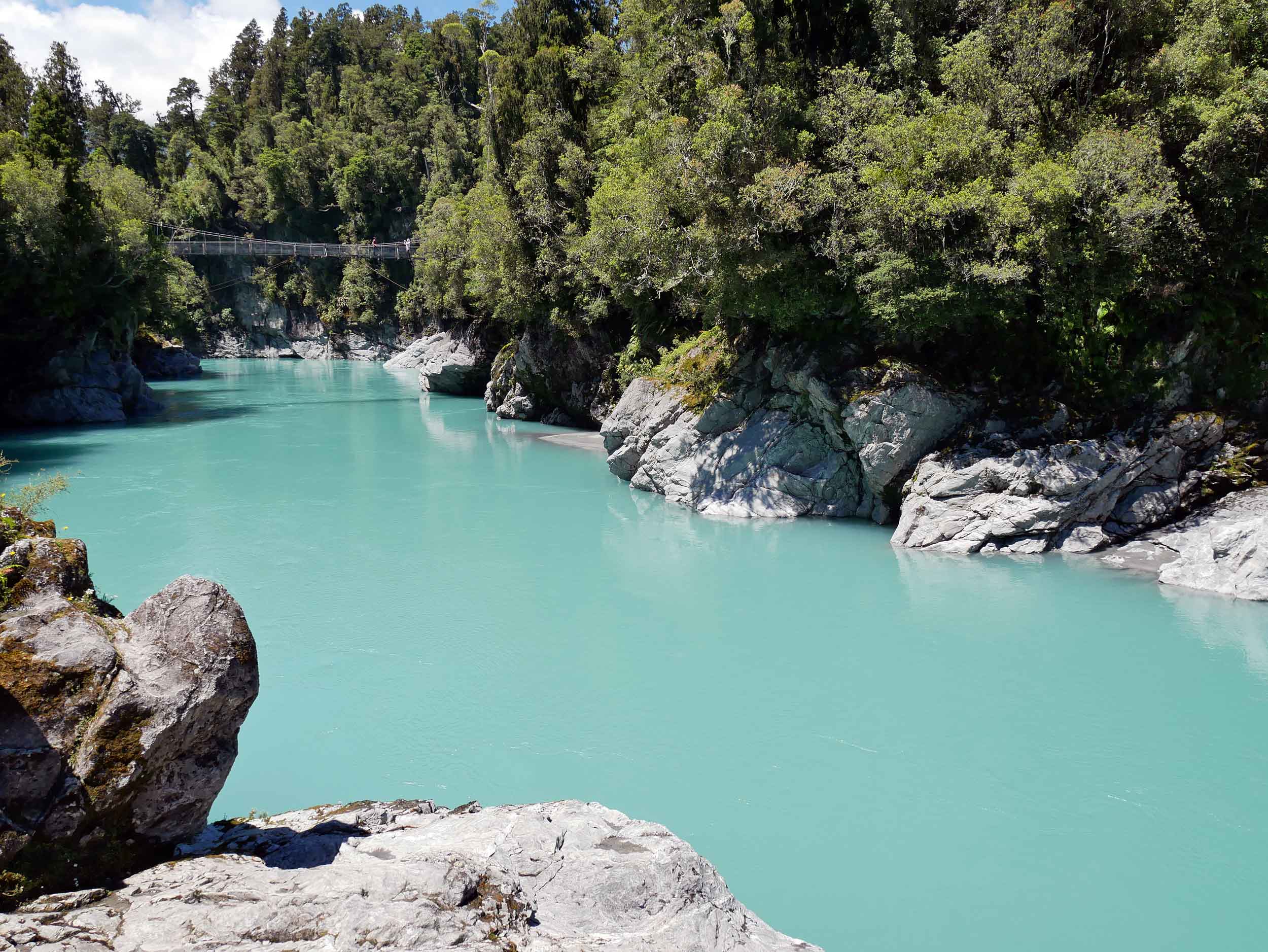  Once on the West Coast, we visited the town of Hokitika and the incredible Hokitika Gorge with unreal ice blue water (no filter here!) and a famous swing bridge (Jan 5).&nbsp; 