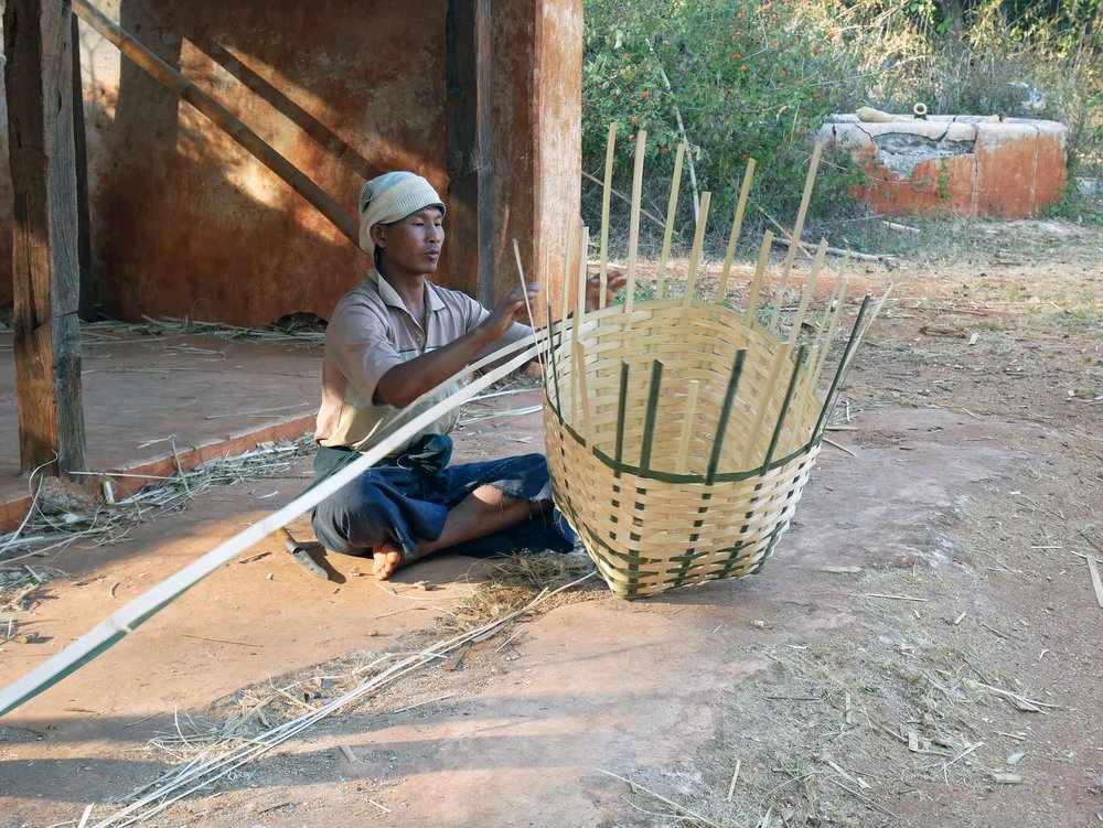  in Pattu Pauk village, the men stay home to weave large bamboo baskets sold at market for around 3,000 kyat or 2USD (Feb 20). &nbsp; 