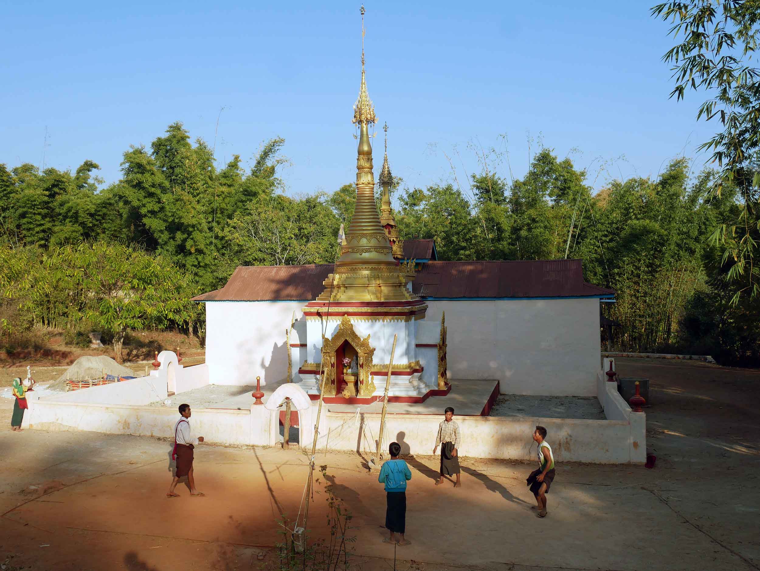  In the village, teens played a game of chinlone, a popular sport in Myanmar where a woven rattan ball is passed back and forth over a net using only the head or feet (Feb 20).&nbsp; 