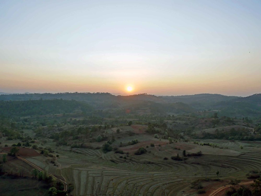  We took in a panoramic view over the fields and hills of Burma as the sun sat on our first day of walking (Feb 20).&nbsp; 