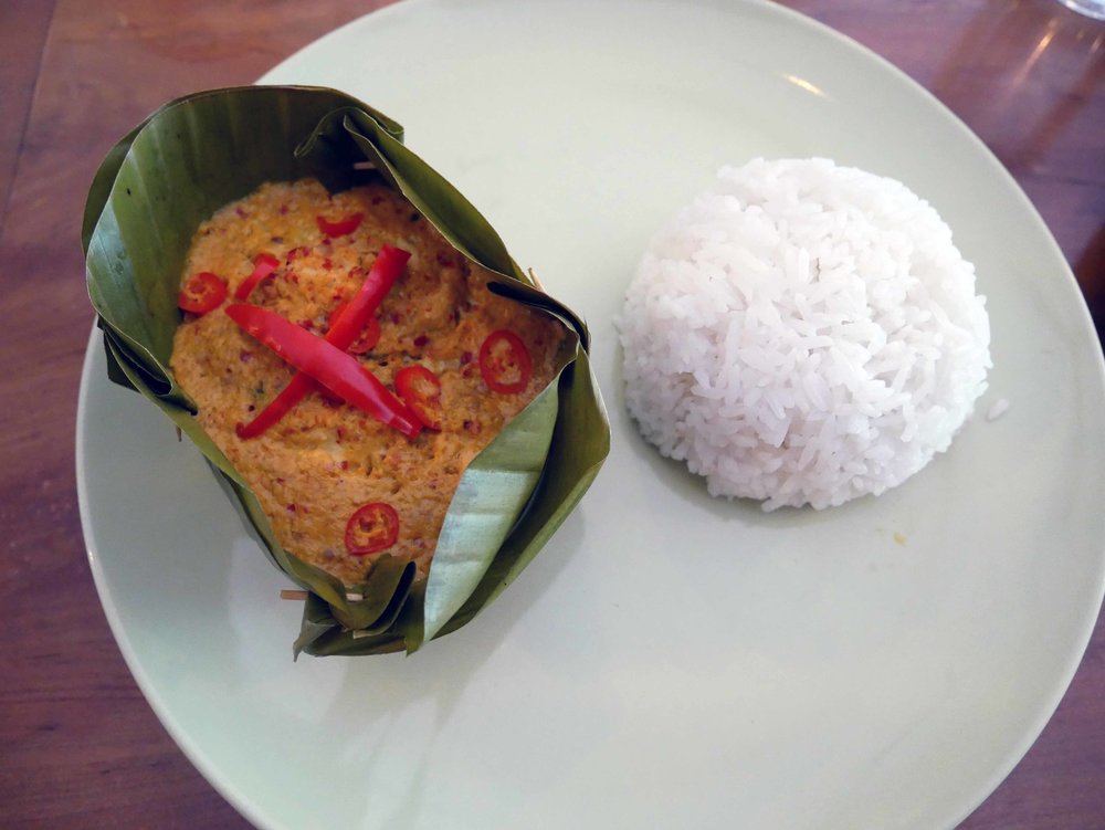  Time to eat! Traditional Amok served with rice and topped with red chili (March 10). 