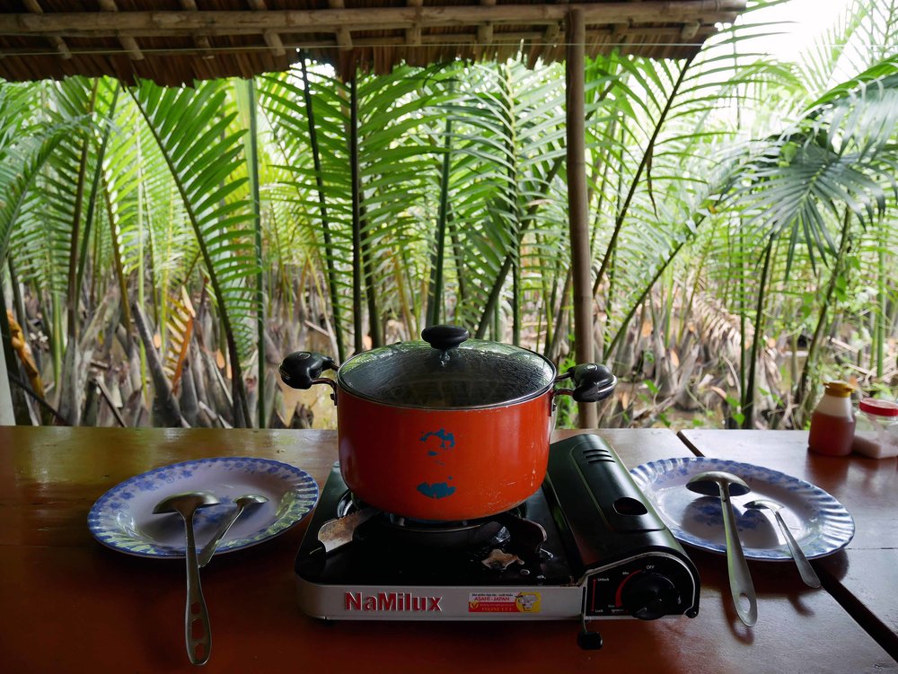  The tropical setting for the island cooking class, surrounded by leafy green water coconut palms.&nbsp; 