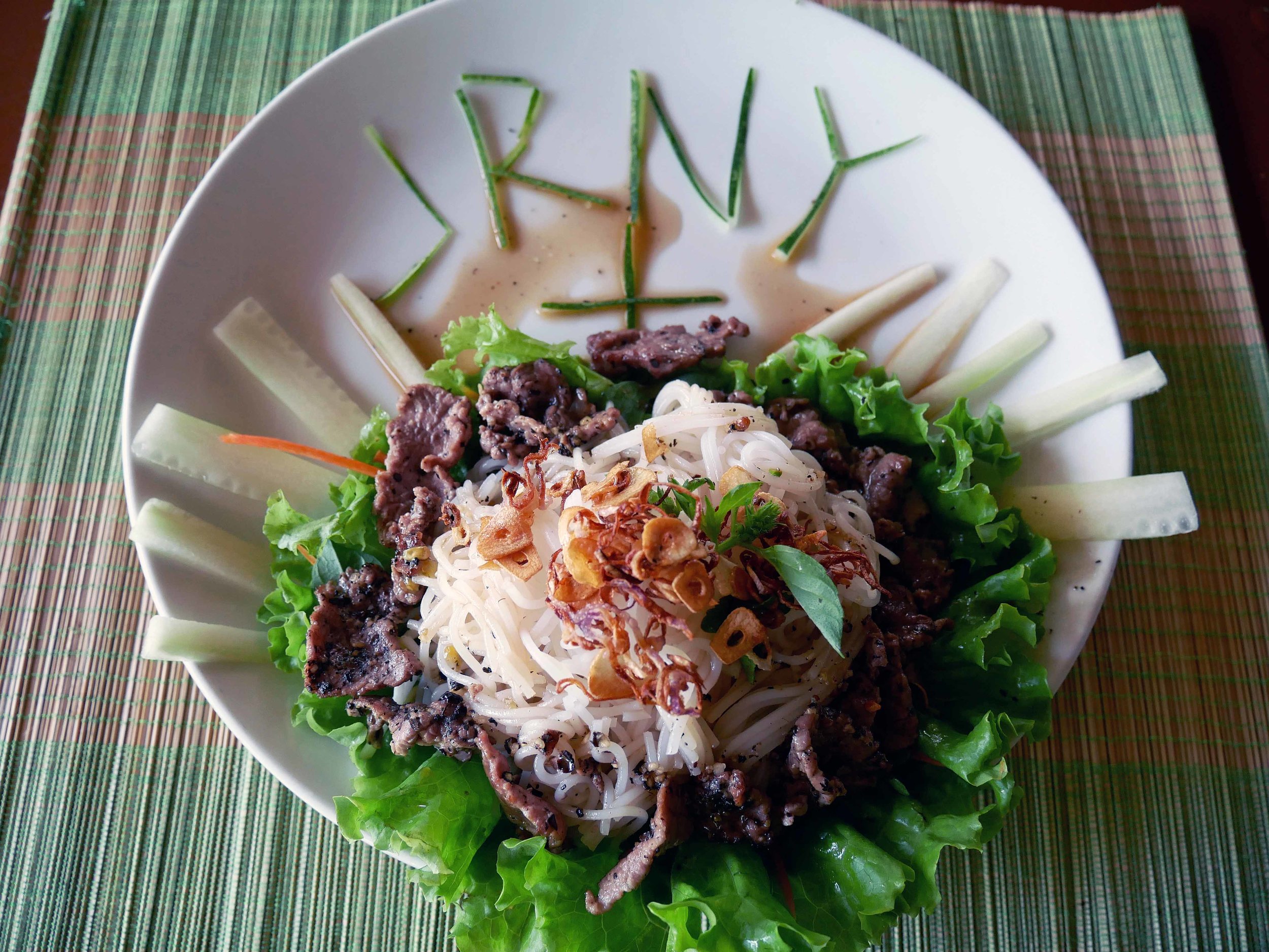  Our next dish allowed us to play with our food, creating designs for our  Beef Noodle Salad &nbsp;out of cucumber and carrot.&nbsp; 