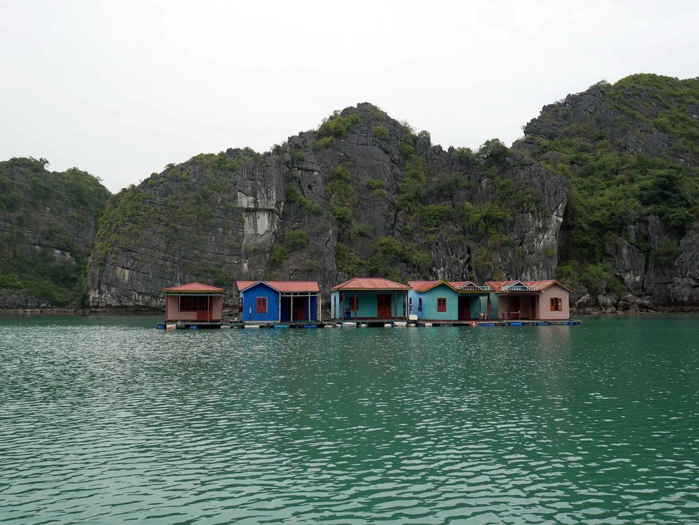  There is an eerie quality to the abandoned Cuan Van floating villages which we passed while rowing to visit the pearl farm in Halong Bay (Mar 27). 