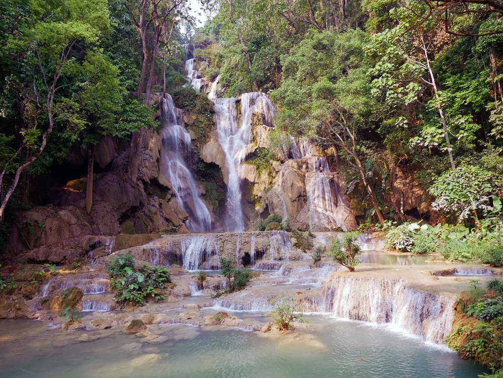  An early morning walk brought us to multi-tiered Kuang Si Falls, falling 60 metres from large pools at the top (April 5).&nbsp; 