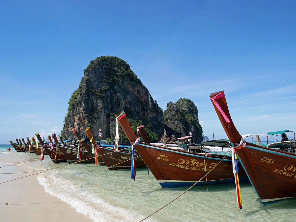  Long tail boats line the shore on a section Railay Beach, which is only accessible by water.&nbsp; 