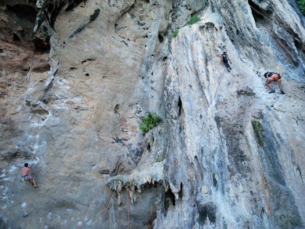  Another sight to behold on Railay is the tourists climbing up the limestone karsts.&nbsp; 