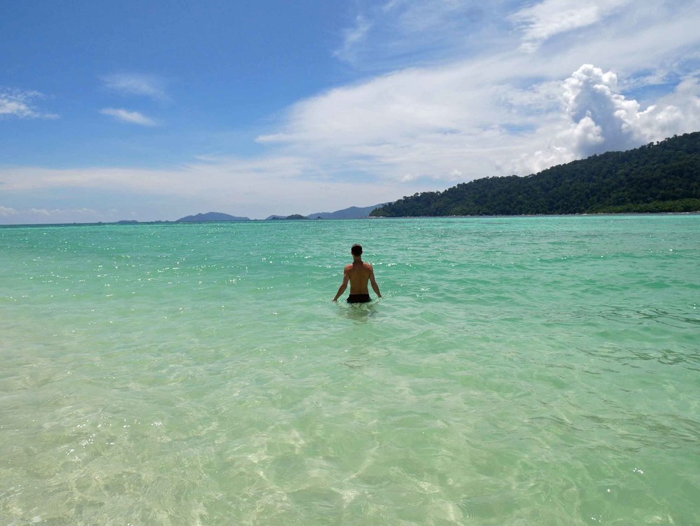 On Ko Lanta, we swam and stayed submerged in the beautiful clear water to beat the tropical heat.&nbsp; 