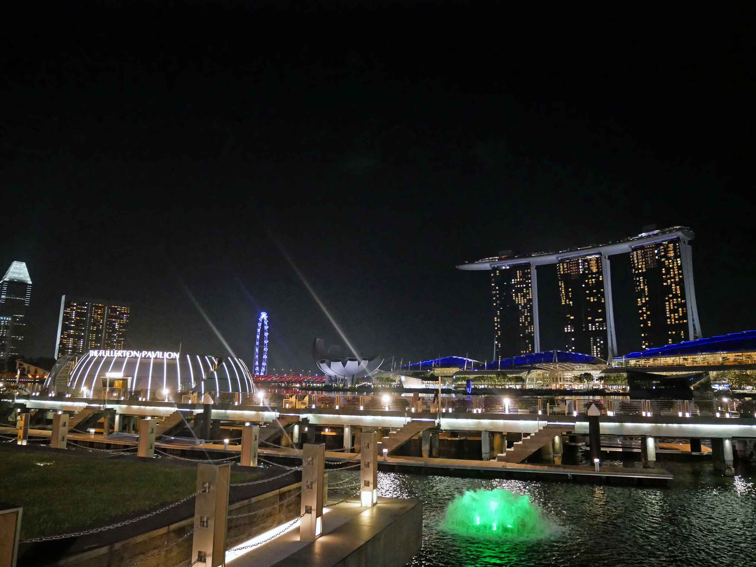  After dinner, we took in the Singapore skyline by night, including the impressive view from the Fullerton Hotel. 