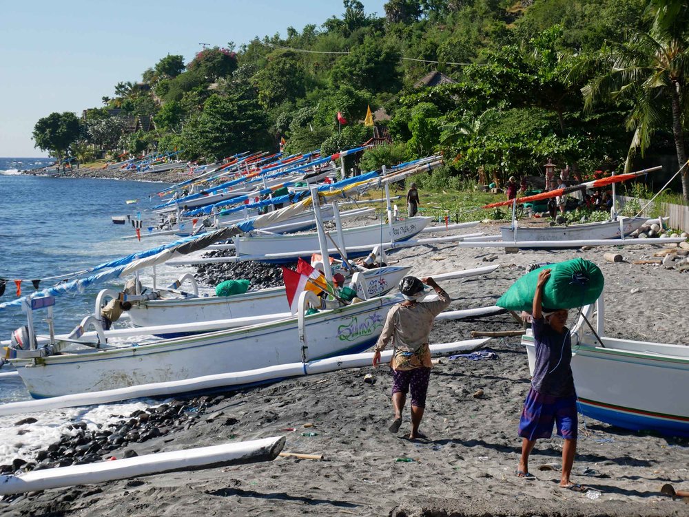  The fishing canoes lined up on shore as local women take in bags of freshly caught fish. 