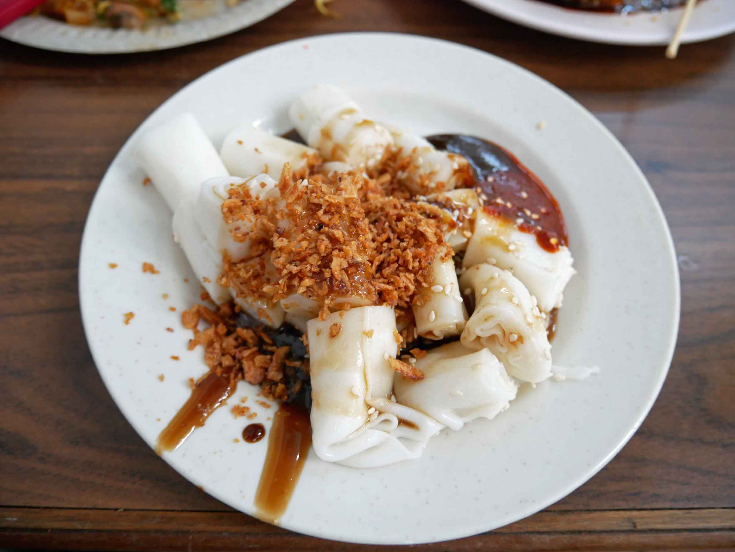  We tried the traditional Cantonese dish of  chee cheong fun , rice noodle rolls with shrimp. 