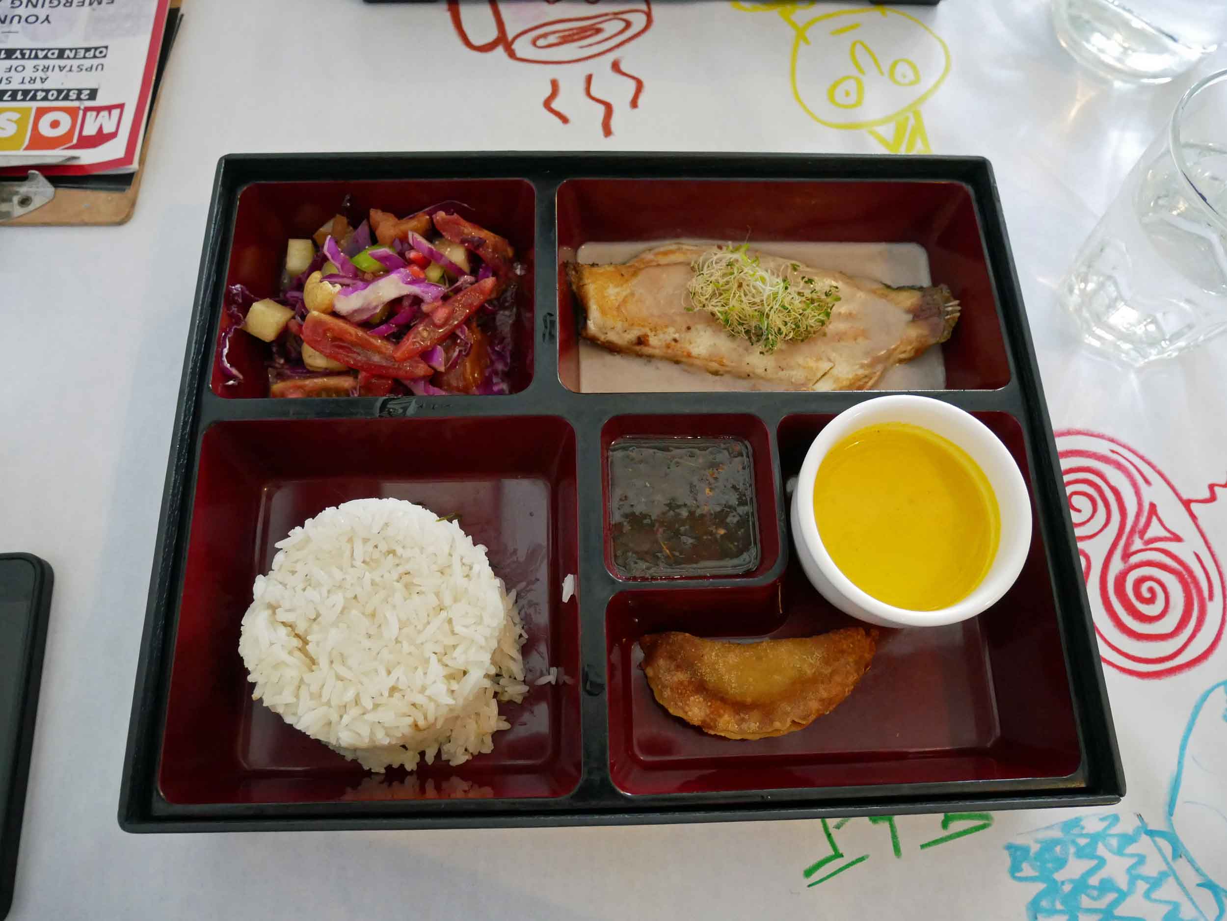  At China House, we enjoyed a bento box lunch that included carrot soup, grilled fish, rosemary rice, vegetable salad.&nbsp; 