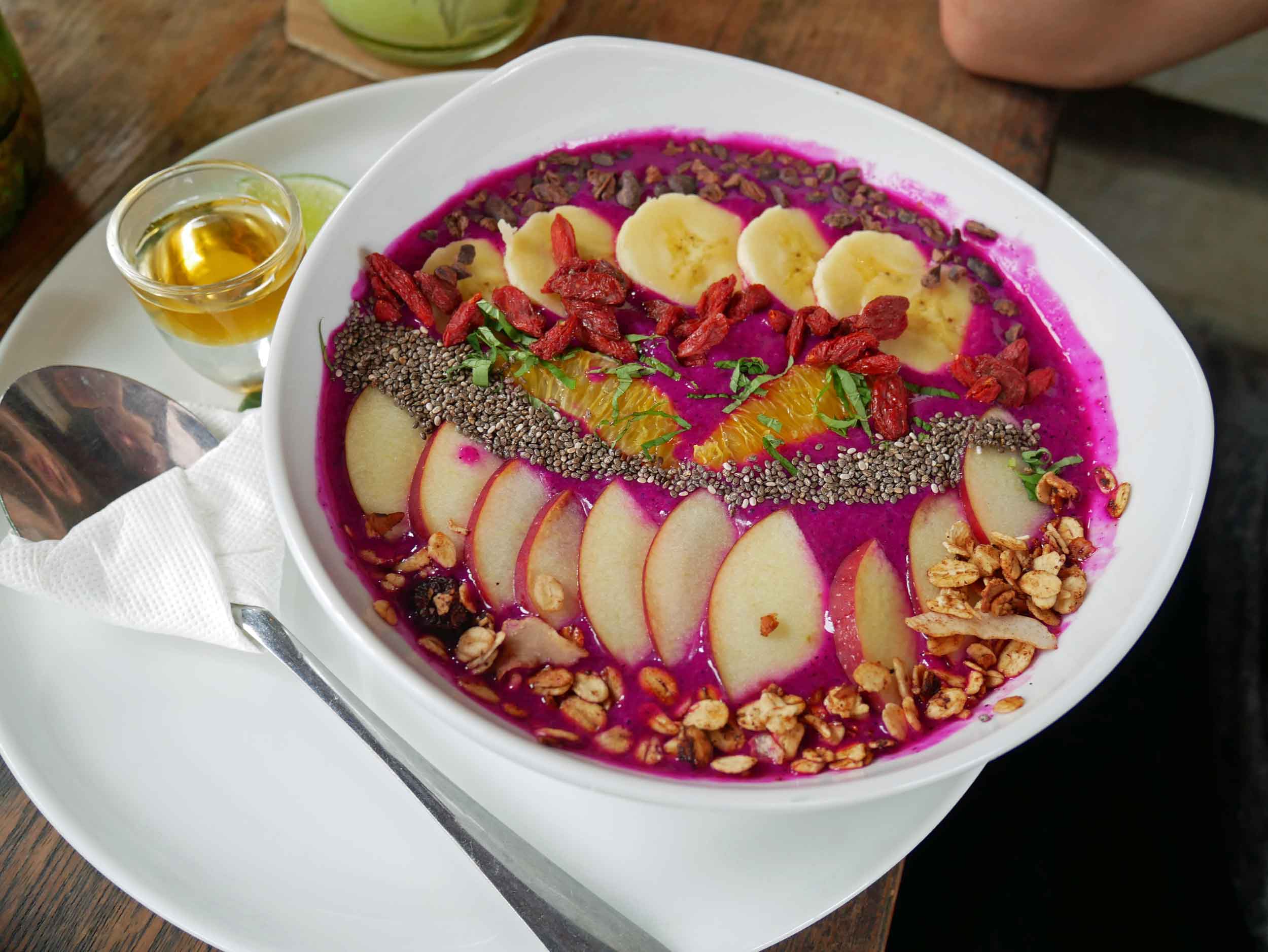 But also plenty of healthy food, like this vibrant dragonfruit smoothie bowl, which quickly became David's favorite snack.&nbsp; 