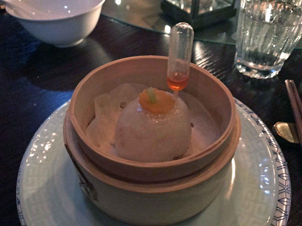  Saturday night dinner with friends at glam Mott 32, which included the (gluten-free) lobster dumpling, a highlight.&nbsp; 