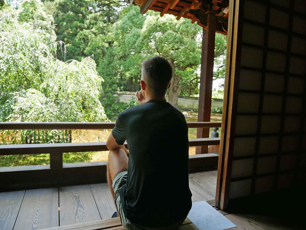  Trey pauses to reflect on the beautiful gardens of Shoren-in Monzeki.&nbsp; 