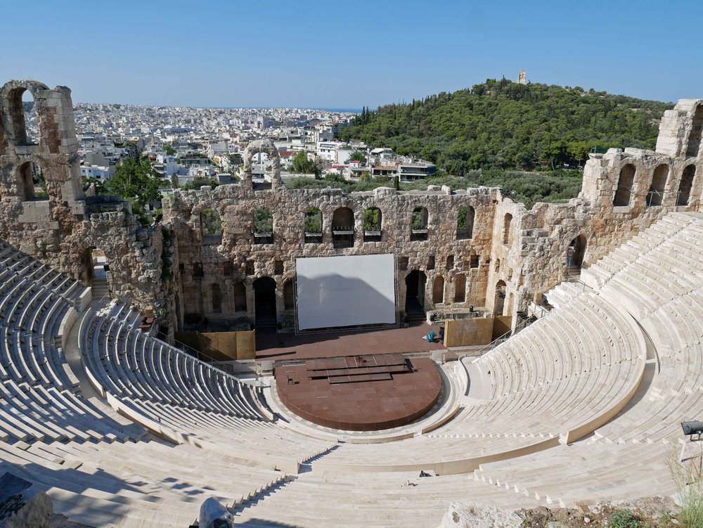  Close up view of the Ancient Odeum of Acropolis, the Theater of Herod Atticus, which was built in 161 AD and restored in the 1950s. Since then it has been the main venue of the Athens Festival which runs from May through October each year, featuring