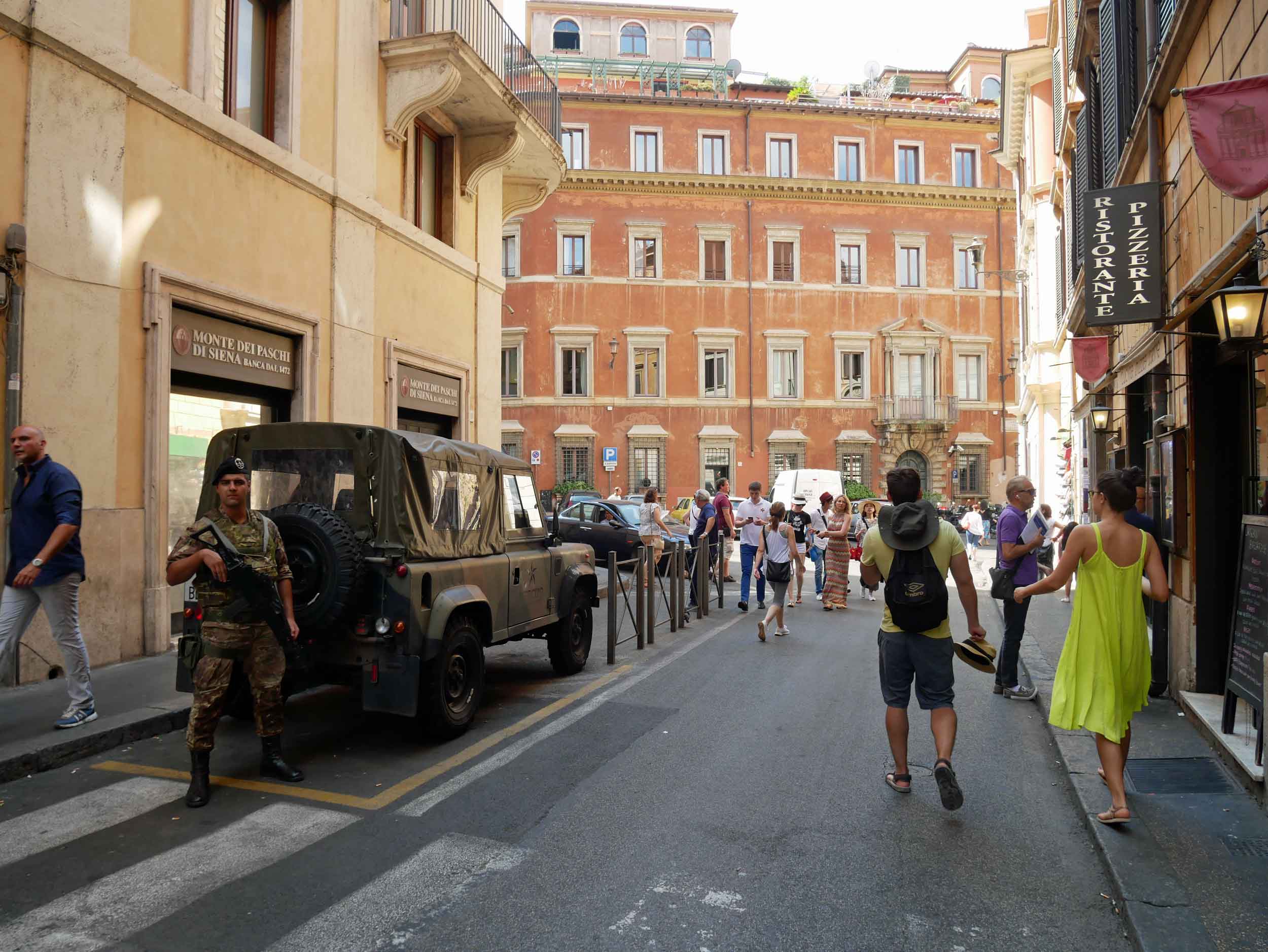  A common sight given the unfortunate events of today's world, Italian military lined the streets along the city's tourist zones.&nbsp; 