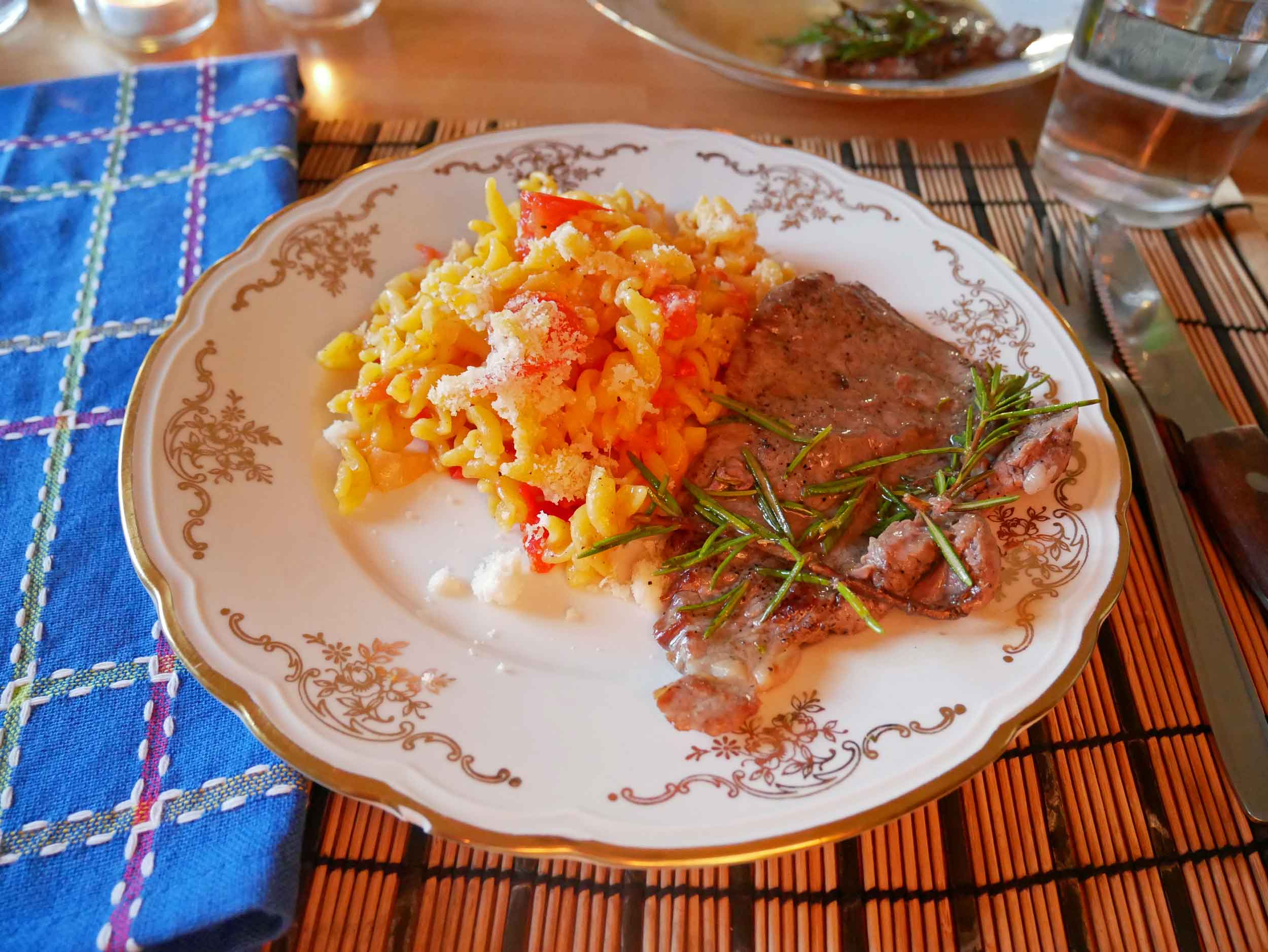  We made use of the kitchen, cooking many of our meals like this rosemary pork and rotini pasta dinner.&nbsp; 