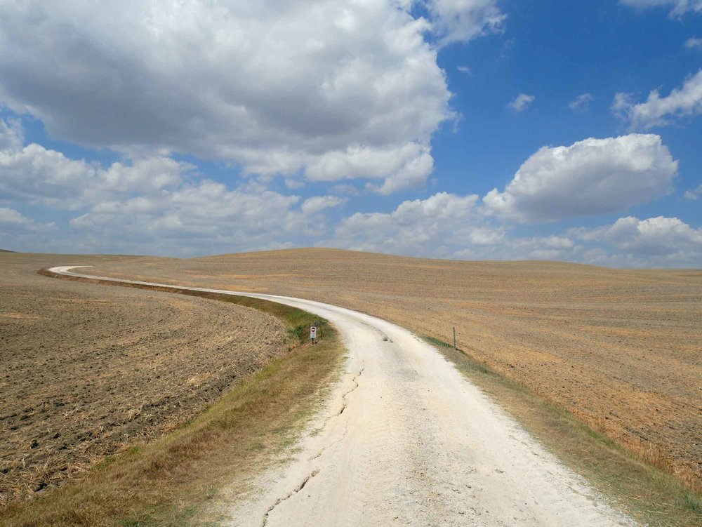  Dusty roads cut through dried-up fields along our route through Val d'Orcia.&nbsp; 