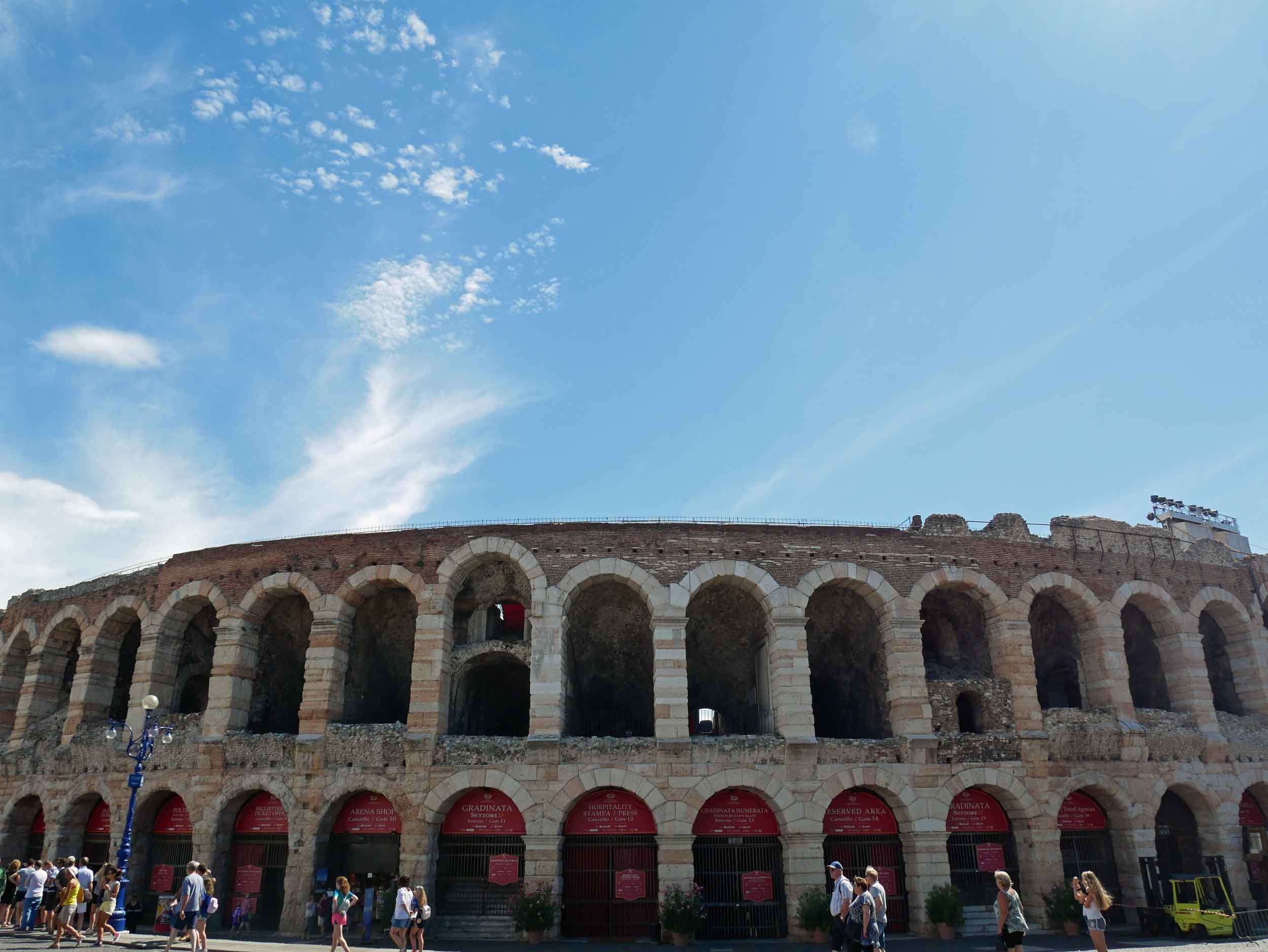  The pink and white marble Colosseum of Verona, smaller but just as spectacular as Rome's (July 26).&nbsp; 