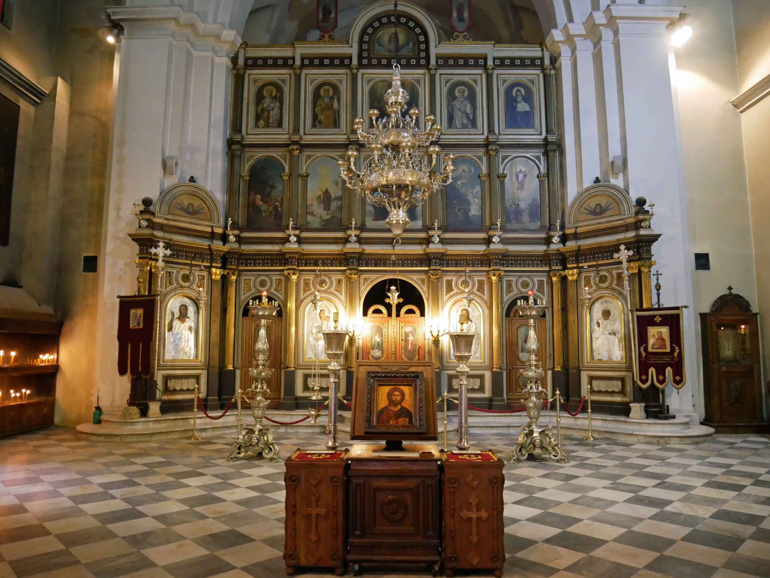  Inside the Church of St. Nicholas, which was built in more recent times, an impressive display of religious icons decorates the alter.&nbsp; 