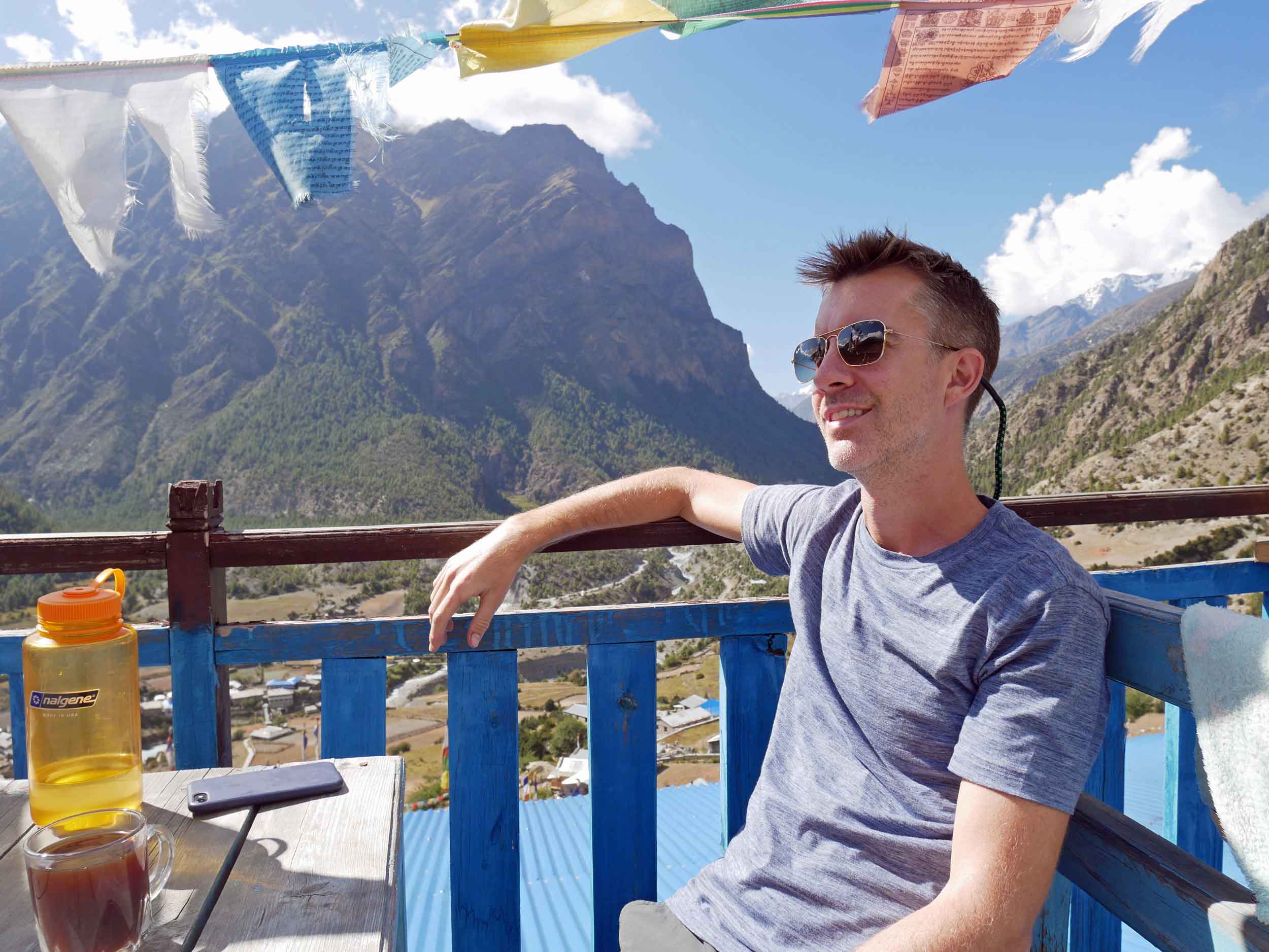 Trey taking in the view over lunch in Upper Pisang.