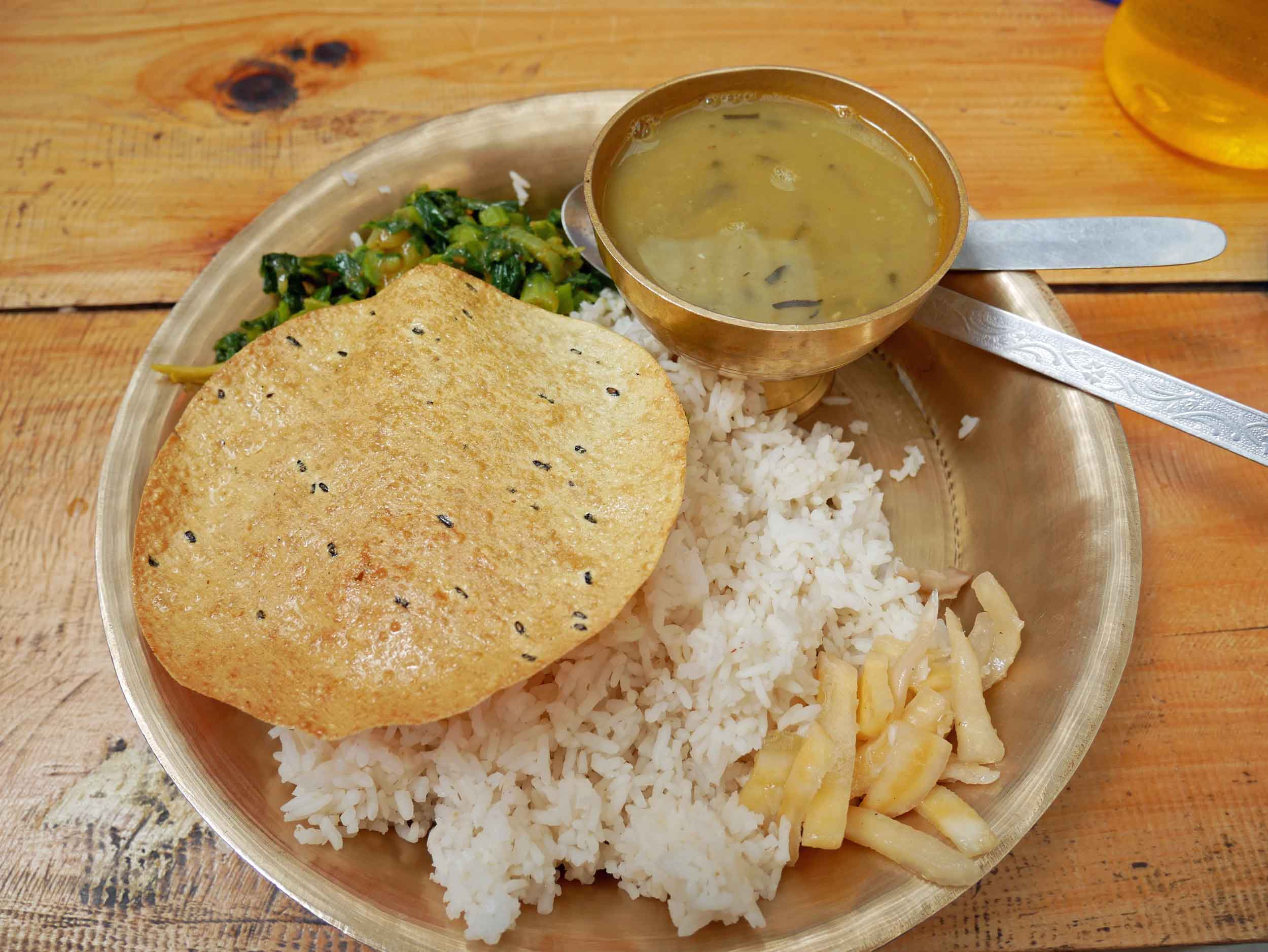 Our daily dal bhat – each guesthouse has their own take on the intentionally simple meal of rice and lentils. 