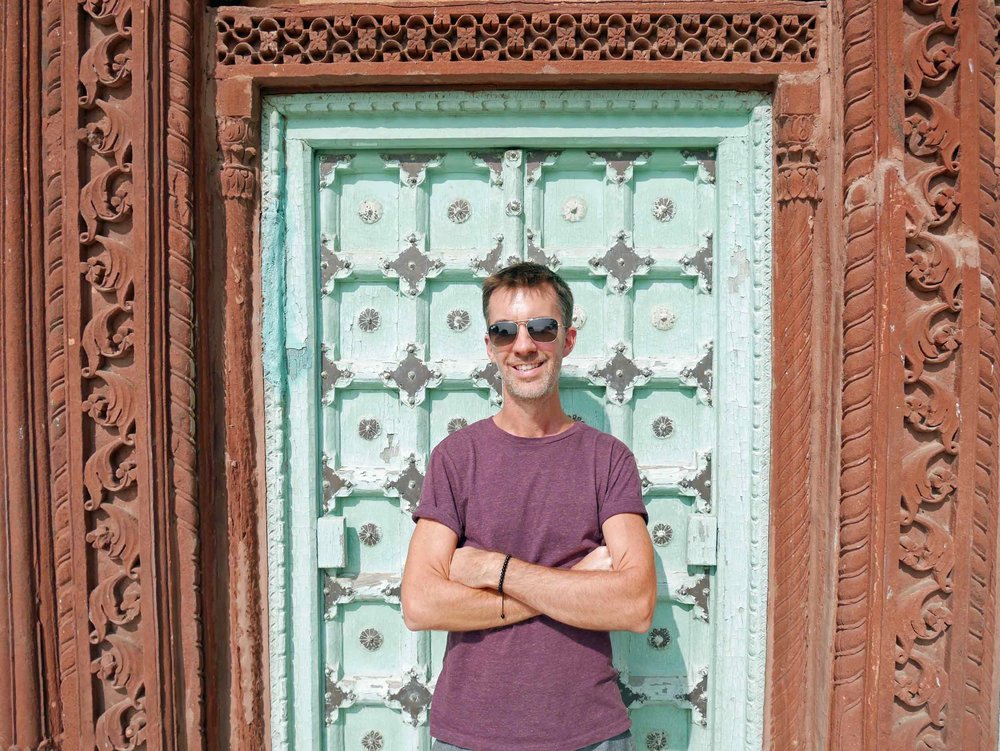  Trey striking a pose at one of the few colorful spots within Jaswant Thada, the "white temple.” 