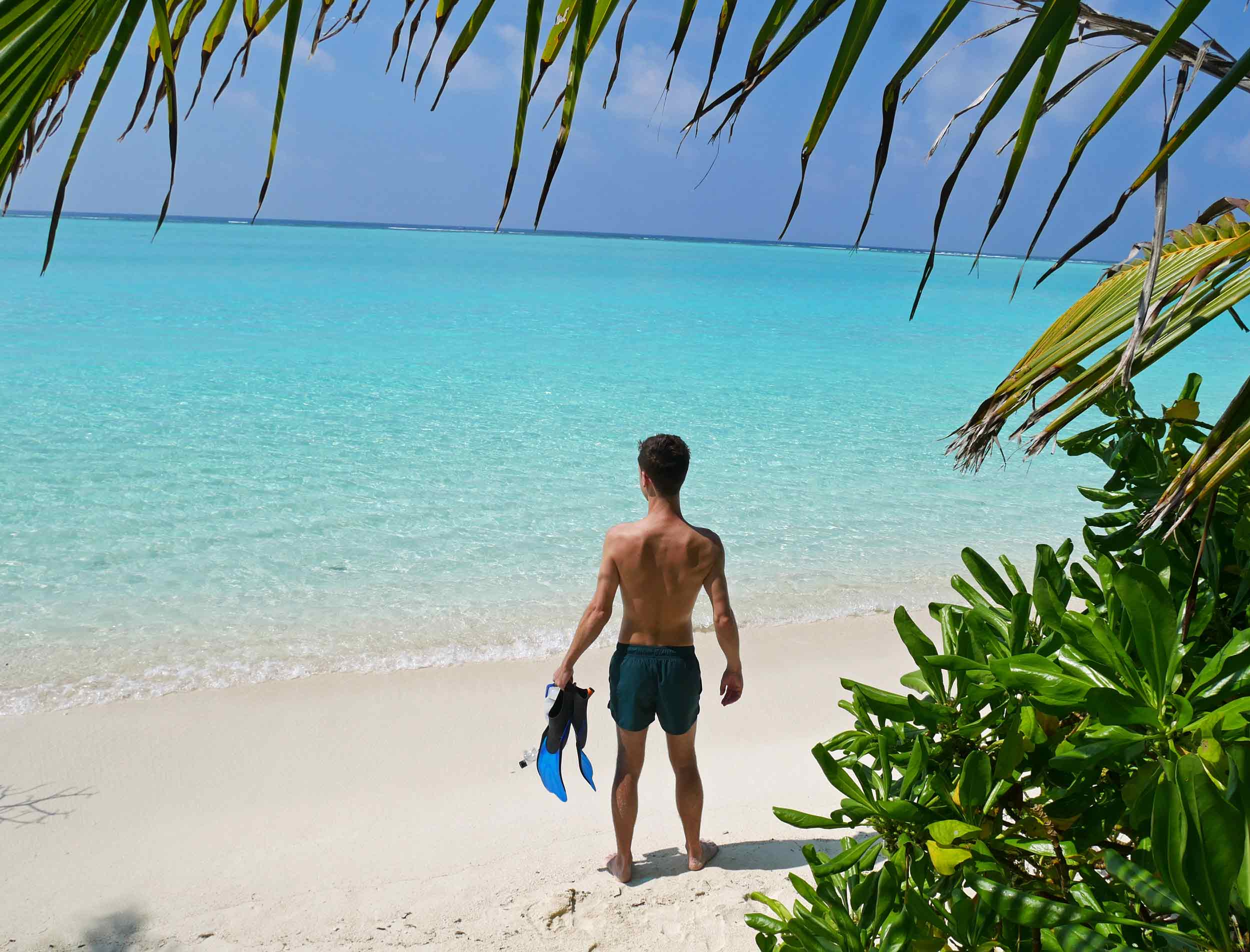  Martin getting ready to dive in for a snorkel – the reefs off the ‘bikini beach’ of Thoddoo are teaming with sea life! 