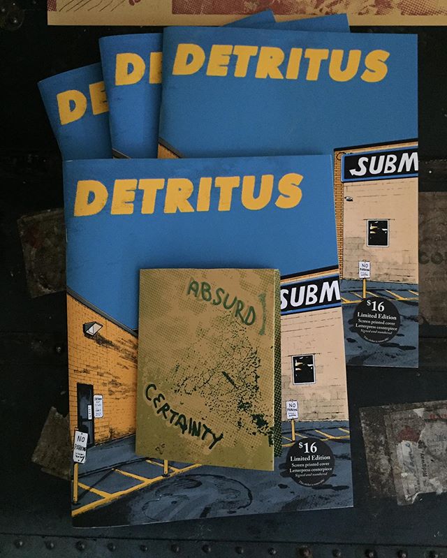 I got a very exciting package today! It’s really an honor to be featured in this piece with so many talented folks. A huge thanks to @chris_peary for putting this together and for keeping it going! (As well as for screen printing each and every cover) I highly recommend you pick up a copy or at least check out @detrituspress
My contribution was a digitally collaged and drawn mini zine/chapbook that was letterpressed with polymer plates and some wood type thrown in there as well. It’s the center spread of this issue of detritus and you can remove it to fold it up as shown in these pictures.
ps I have a limited number of “Absurd Certainty” left over if anyone is interested in picking up a copy just shoot me a message!
.
.
.
.
.
#printmaking #publishing #comic #comicart #detritus #liminal #photopolymer #halftones #screenprinting #letterpress #artboom