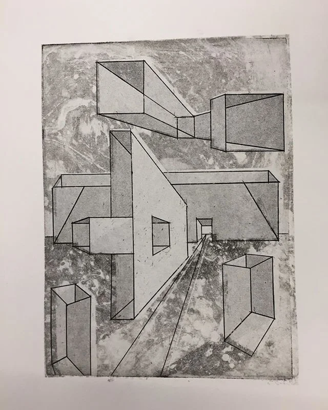 Registration is a little off but it’s been a super fun time interning at the Green Print Certificate program at #zeamaysprintmaking !! Plates here include Big hard ground, sandpaper aquatint, and marbled Big. .
.
.
.
.
#printmaking #contemporaryprintmaking #printmaker #intaglio #etching #bigground #graphicchemical #charbonell #sandpaperaquatint #marbling #geometry #impossiblegeometry