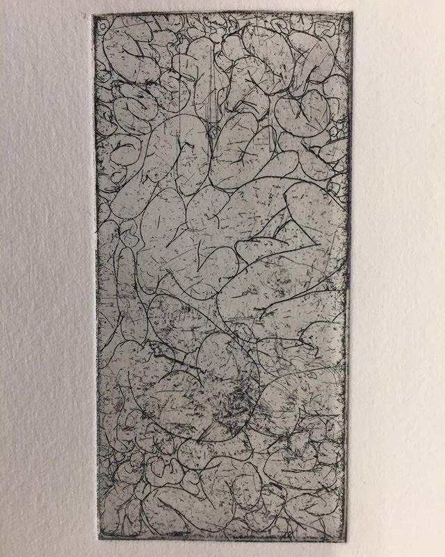 Tiny plate I have had grounded and in my pencil case for months. I went in and added some line work over the texture before spraying on an aquatint and step etching. The red proof features a surface roll. Definitely some issues with paper dampness or