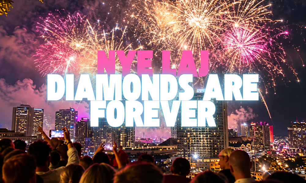 L.A. Jackson Diamonds Are Forever New Year's Eve promotional graphic with fireworks over Nashville skyline.