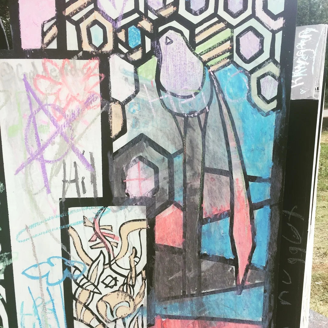  Participating artists were asked to create black outlines of artwork that members of the community could color with chalk provided as part of Art on the Beltline.&nbsp;Detail of contribution. 