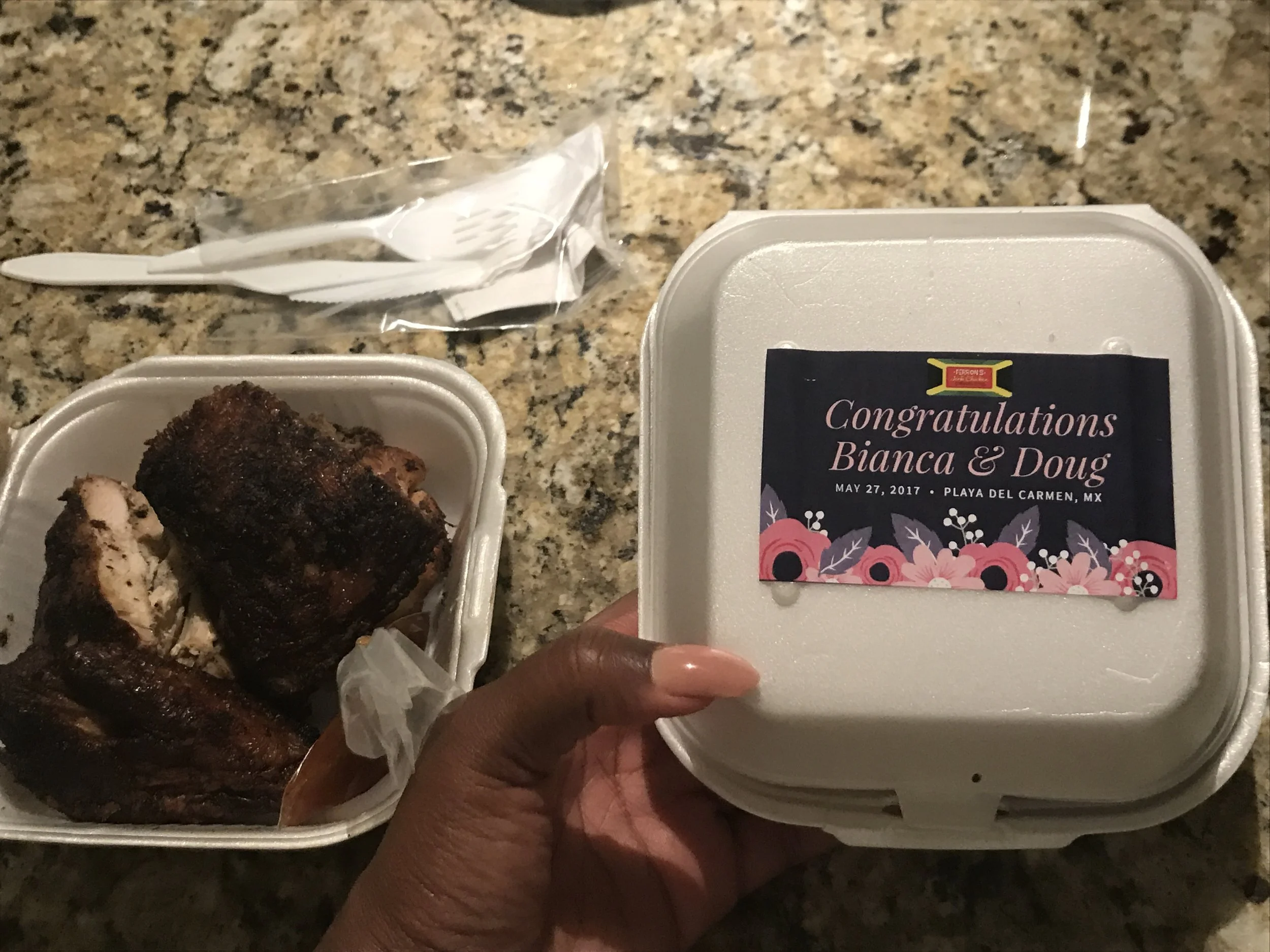 Ferron's Jerk Chicken made our guests mini midnight meals for our wedding! Deeeelicious!