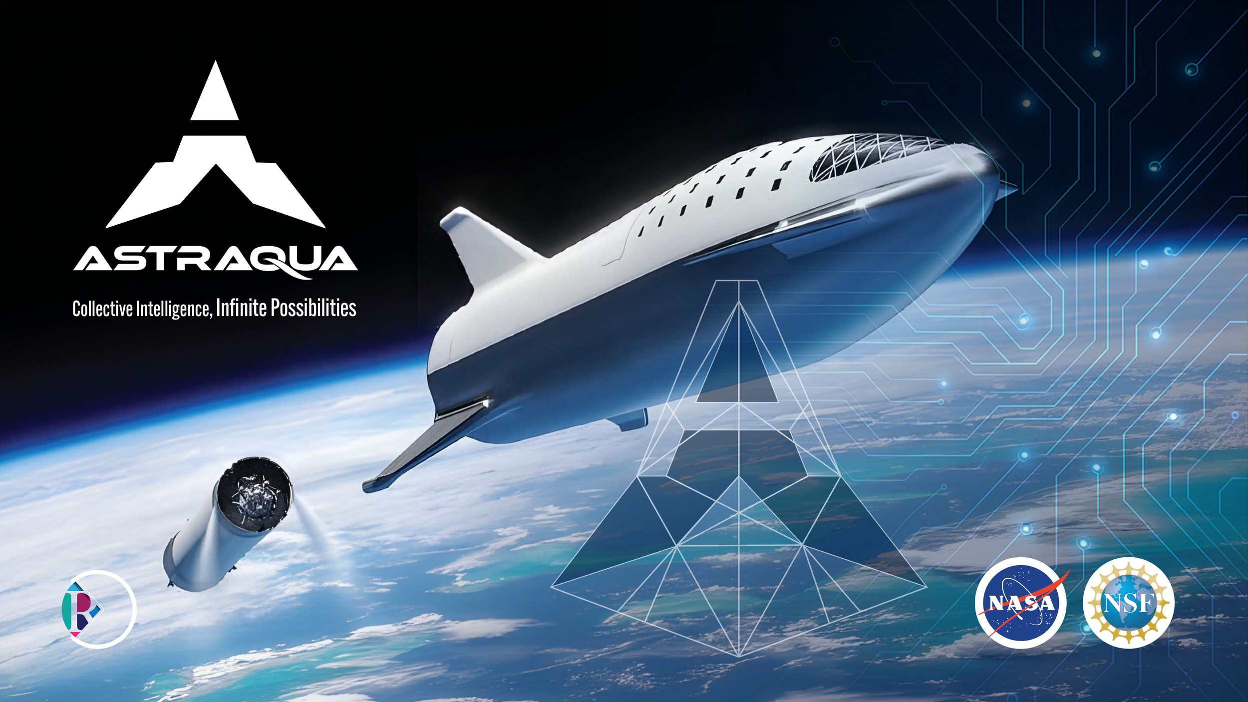 Futuristic spacecraft in orbit above Earth with digital network graphics, logos of NASA and NSF,  Collective Intelligence, Infinite Possibilities.