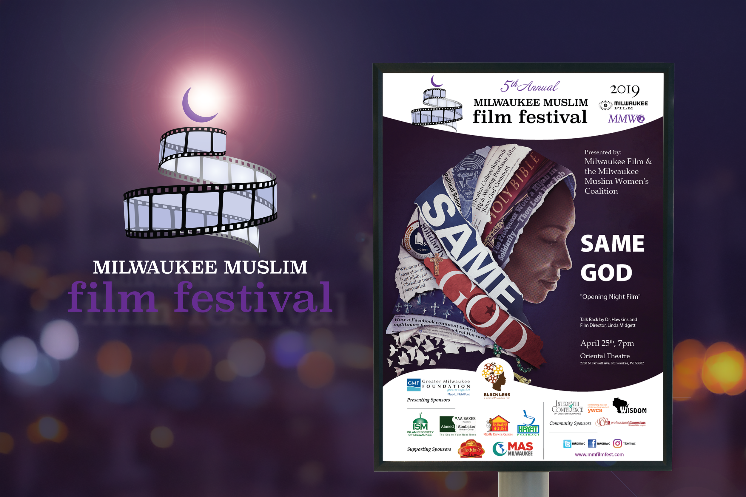Poster for the Milwaukee Muslim Film Festival, 2019, featuring a woman wearing a hijab made of newspaper clippings, with text "Same God" and details of the event.
