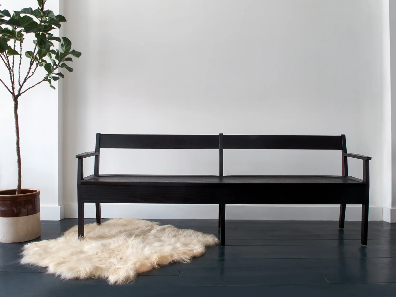 84"L x 19.25"D x 30.25"H, seat: 17"D x 17.5"H Ebonized Ash