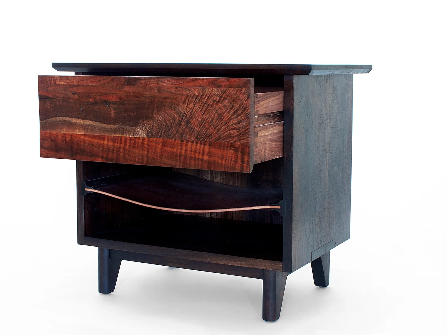 26"L x 18"D x 24"H Ebonized Black Walnut cabinet & base, Claro Walnut drawer front, Oxblood saddle leather shelf