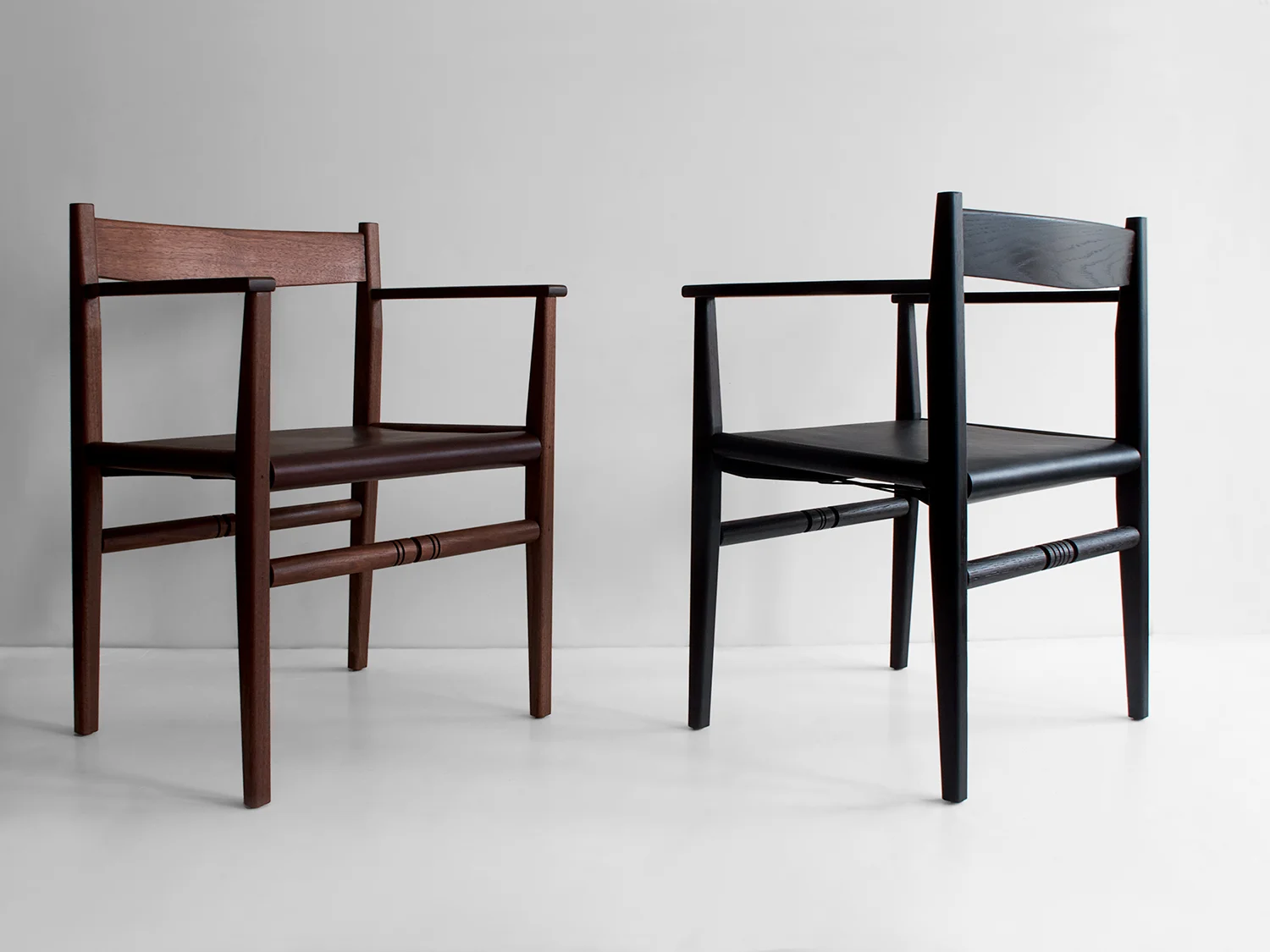 L to R: Black walnut, oxblood saddle leather Ebonized ash, black saddle leather