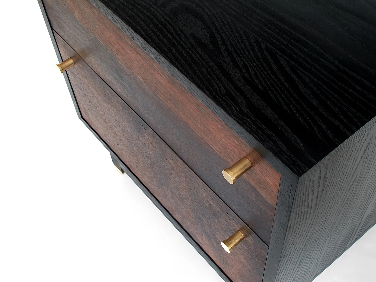 Ebonized Ash cabinet & base, Oxidized Walnut fronts Natural brass hardware