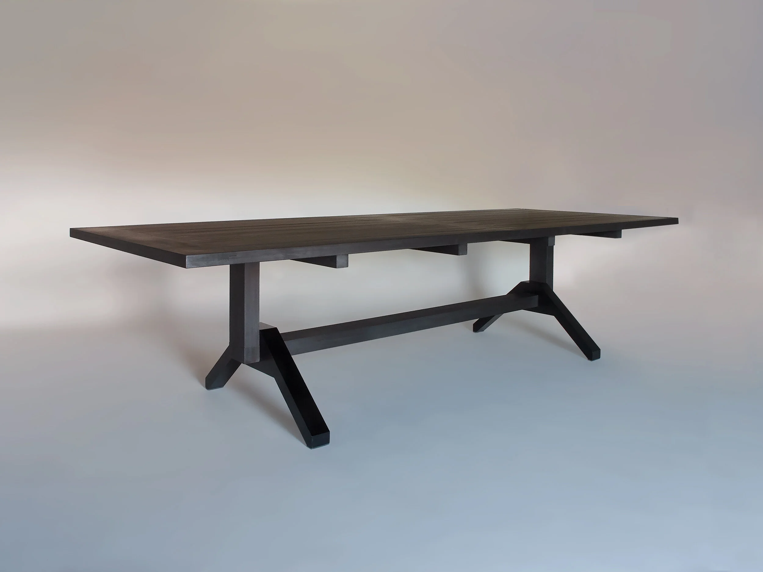 Sapele, oxidized & charcoal oil finish Black urethane coated steel 108”L x 42”W x 29”H